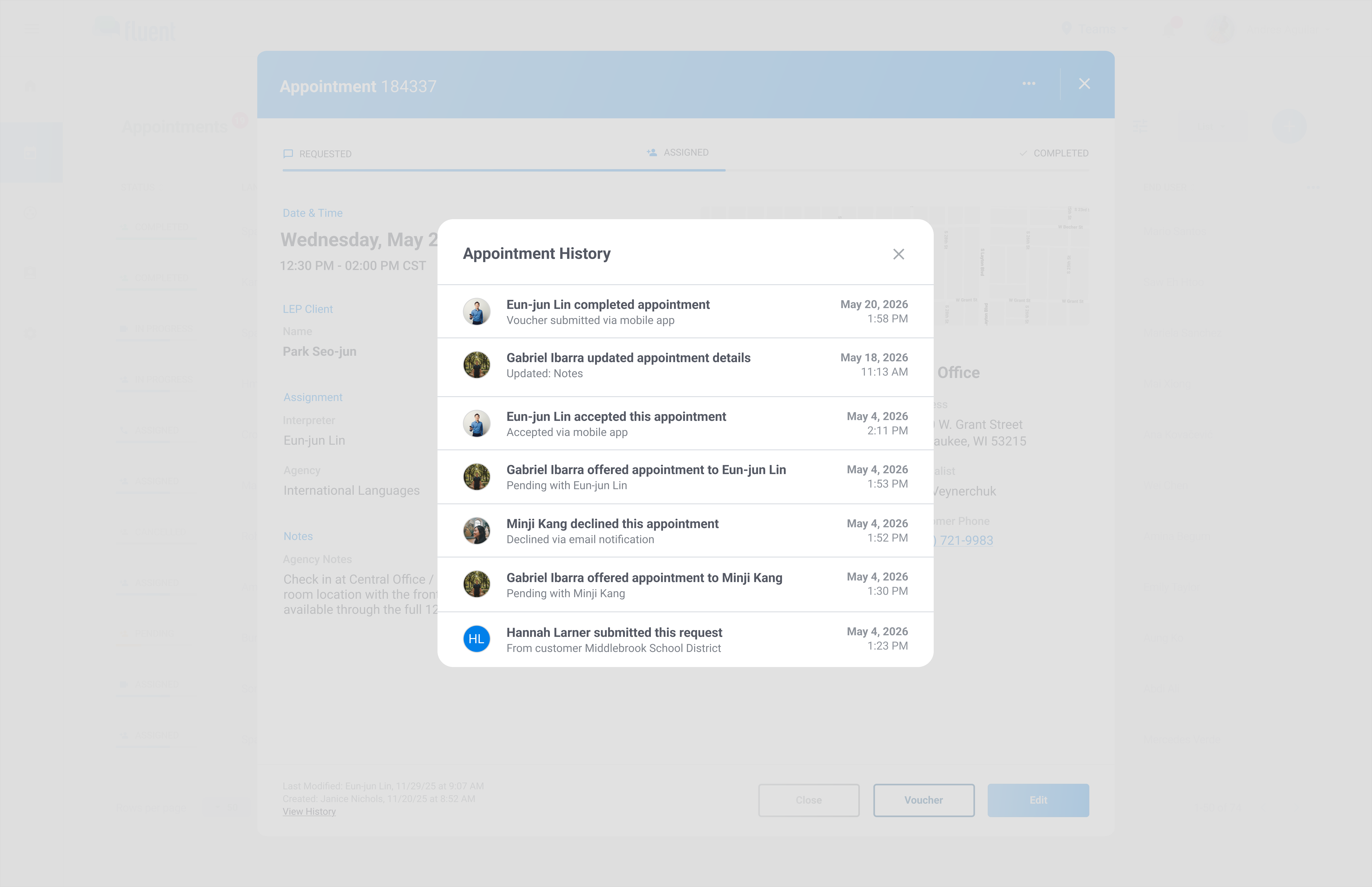 Appointment history log showing changes and audit trail